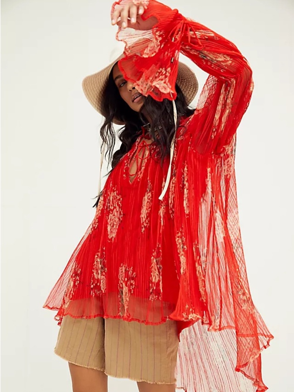 Free People Dahlia Red Floral Ethereal Boho Flowy Pleated Tunic Top Size Large